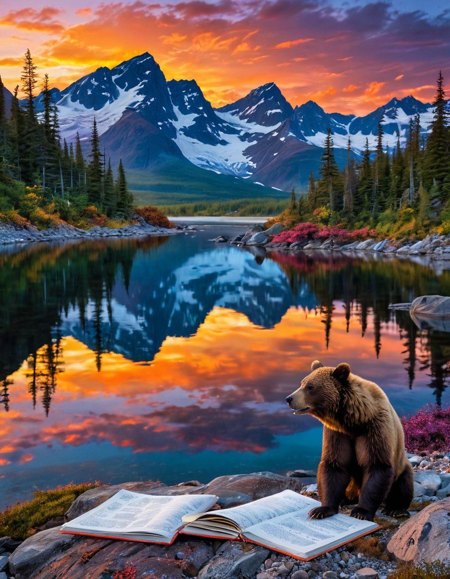 A breathtaking landscape of Alaska featuring vibrant mountains under a colorful sunset, contrasted with a tranquil lake reflecting the scenery. In the foreground, an open digital diary lies on a rocky surface, showcasing notes and sketches inspired by the surroundings. Include majestic wildlife like bears and eagles in the background. The scene captures the essence of adventure and creativity. super-realistic. vibrant colors. 3D.