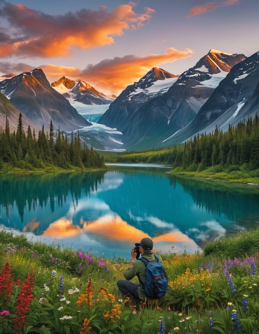 A breathtaking Alaskan landscape featuring majestic snow-capped mountains, lush green forests, and a serene glacial lake. In the foreground, a traveler with a camera capturing the beauty, surrounded by vibrant wildflowers. A soft sunrise casts warm hues across the scene, hinting at adventure and exploration. Ideal for drawing in readers seeking travel inspiration and blogging tips. super-realistic. vibrant colors. 3D.