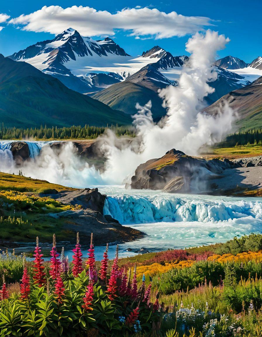A breathtaking landscape showcasing the transition from massive, shimmering glaciers to a dramatic geyser erupting in a rugged Alaskan wilderness. Include vibrant wildflowers in the foreground and tall, snow-capped mountains in the background, with a bright blue sky above. Capture the raw beauty and adventure of Alaska's nature. super-realistic. vibrant colors. panoramic view.